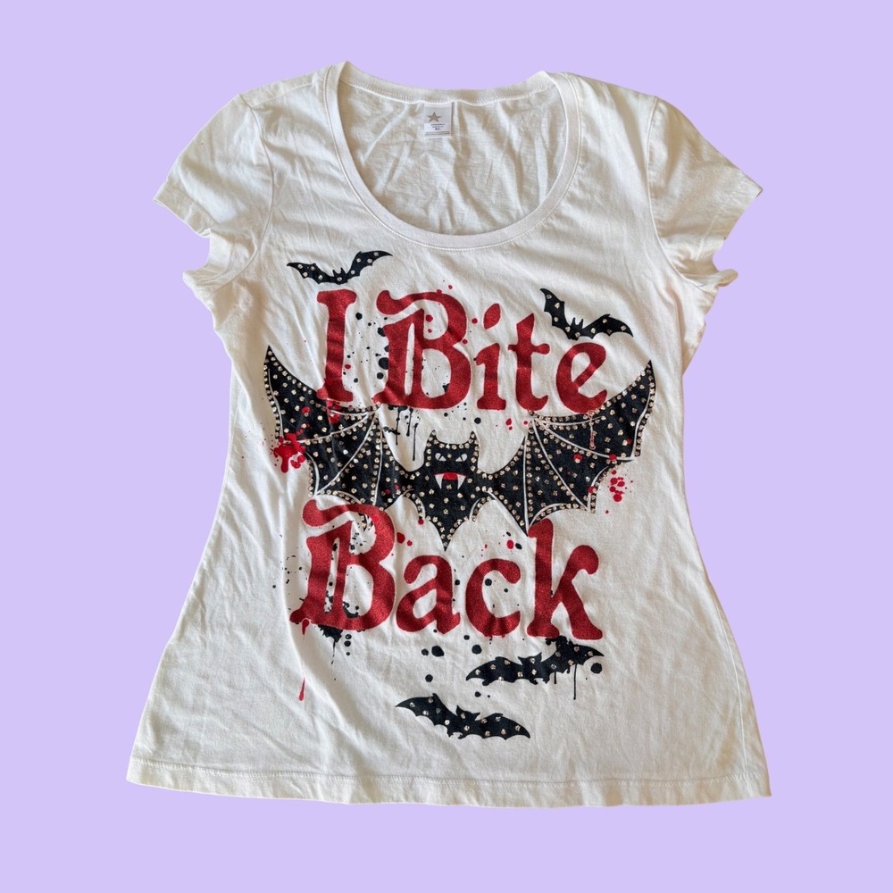Y2K "I Bite Back" Bat Graphic Rhinestone Glitter Tee Scene Goth #18